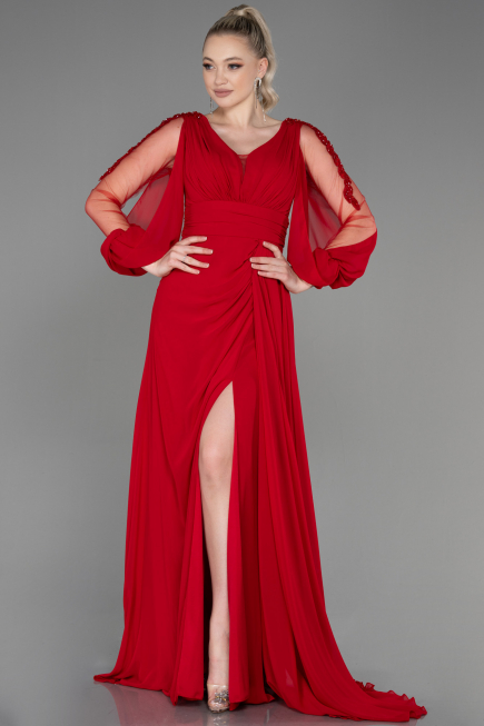 Kırmızı Uzun Kol Bacak Dekolteli Şifon Abiye ABU3220