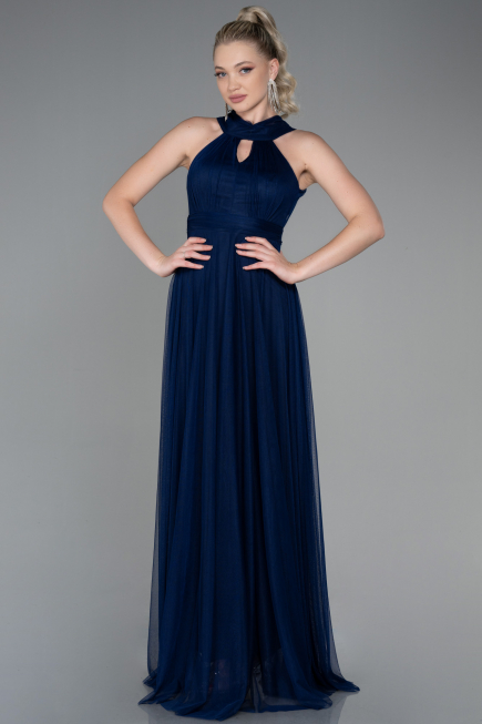 Lacivert Halter Yaka Uzun Abiye Elbise ABU3252