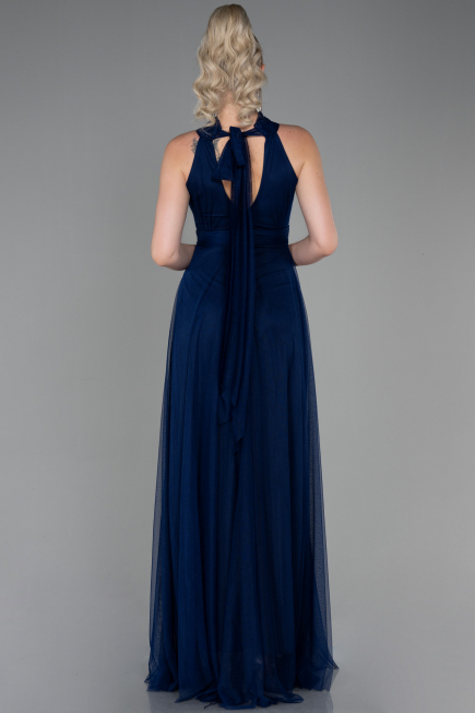 Lacivert Halter Yaka Uzun Abiye Elbise ABU3252