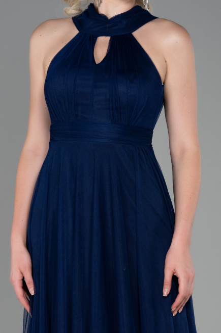 Lacivert Halter Yaka Uzun Abiye Elbise ABU3252