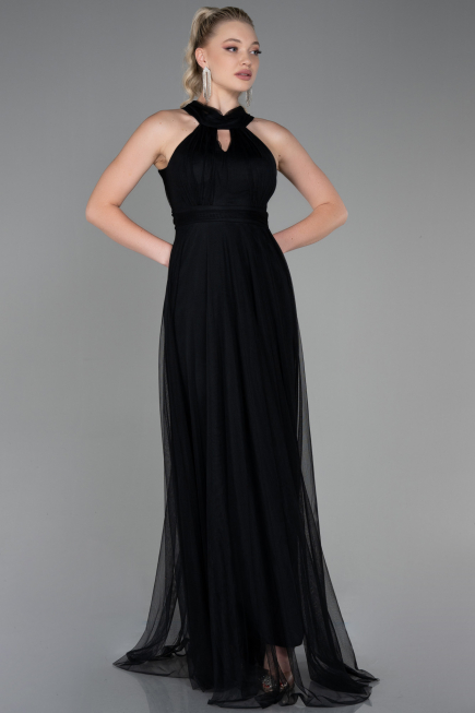Siyah Halter Yaka Uzun Abiye Elbise ABU3252