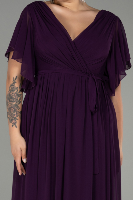 Koyu Mor Kısa Kol Uzun Şifon Büyük Beden Abiye ABU3276