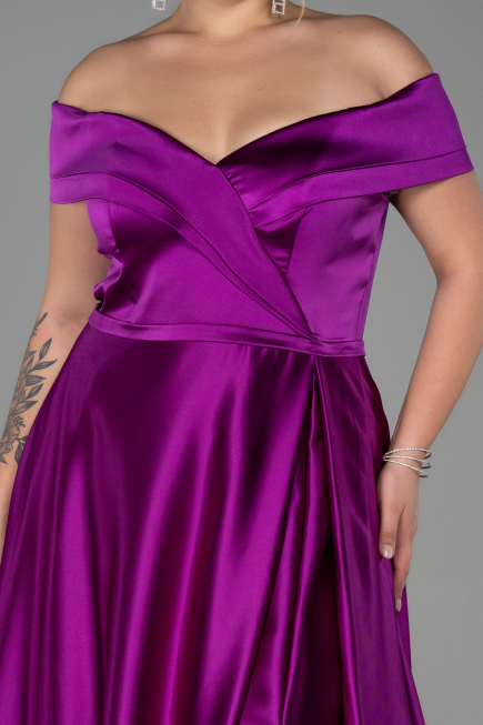 Violet Kayık Yaka Uzun Saten Büyük Beden Abiye ABU2355