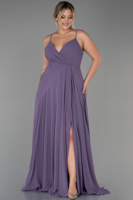 Lavanta Yırtmaçlı Uzun Şifon Büyük Beden Abiye ABU1324