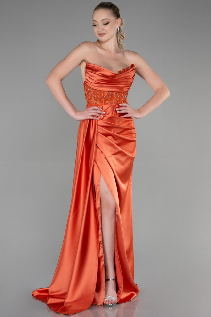 Orange Straplez Drapeli Uzun Saten Abiye ABU3376