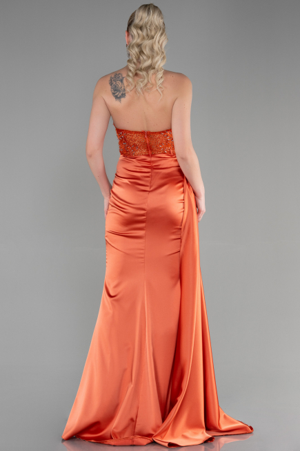 Orange Straplez Drapeli Uzun Saten Abiye ABU3376