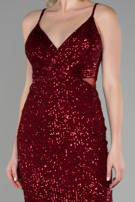 Bordo Askılı Pul Payet Kısa Abiye ABK1541