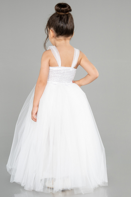 Beyaz Askılı Beli Pullu Uzun Kız Çocuk Abiye ABU3031