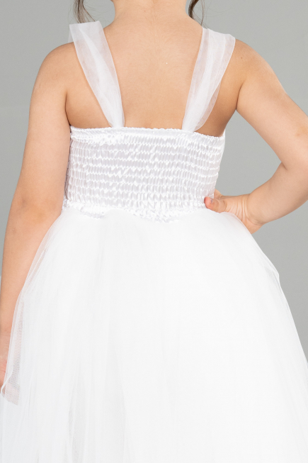 Beyaz Askılı Beli Pullu Uzun Kız Çocuk Abiye ABU3031