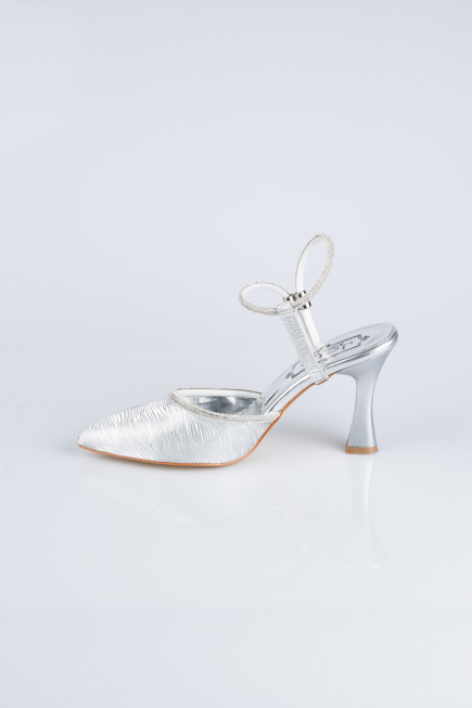 Gümüş Lazer Kesim Stiletto Abiye Ayakkabı MJ5150