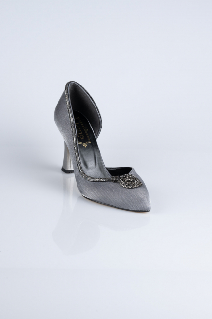 Platin Taşlı Saten Stiletto Abiye Ayakkabı MJ8008