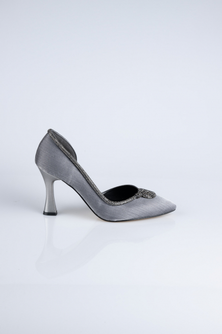 Platin Taşlı Saten Stiletto Abiye Ayakkabı MJ8008