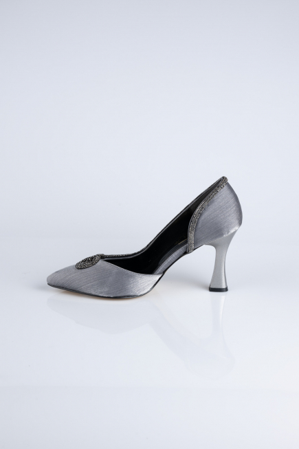 Platin Taşlı Saten Stiletto Abiye Ayakkabı MJ8008