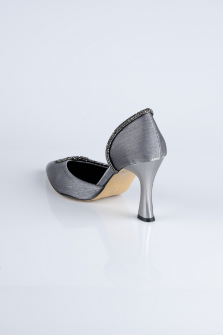 Platin Taşlı Saten Stiletto Abiye Ayakkabı MJ8008