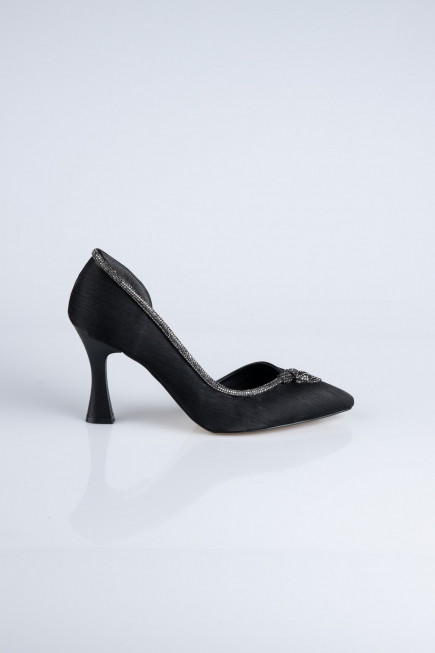 Siyah Taşlı Saten Stiletto Abiye Ayakkabı MJ8008