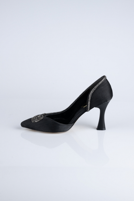 Siyah Taşlı Saten Stiletto Abiye Ayakkabı MJ8008