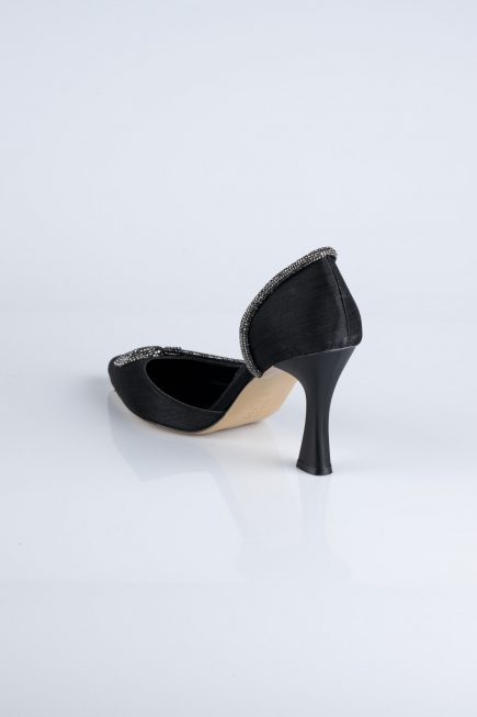 Siyah Taşlı Saten Stiletto Abiye Ayakkabı MJ8008