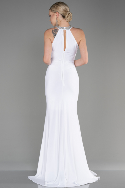 Ekru Halter Yaka Uzun Saten Balık Abiye ABU2940