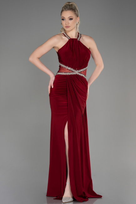 Bordo Halter Yaka Uzun Saten Balık Abiye ABU2940