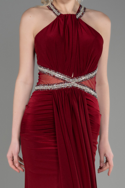 Bordo Halter Yaka Uzun Saten Balık Abiye ABU2940