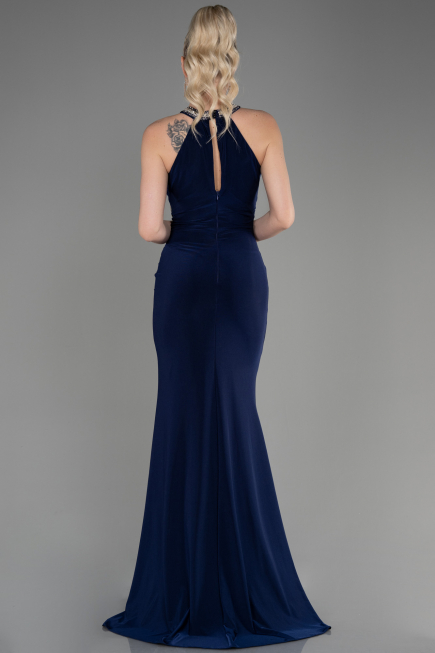Lacivert Halter Yaka Uzun Saten Balık Abiye ABU2940