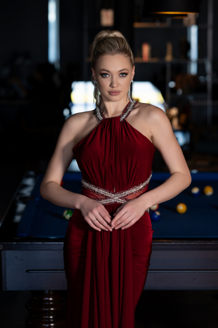 Bordo Halter Yaka Uzun Saten Balık Abiye ABU2940