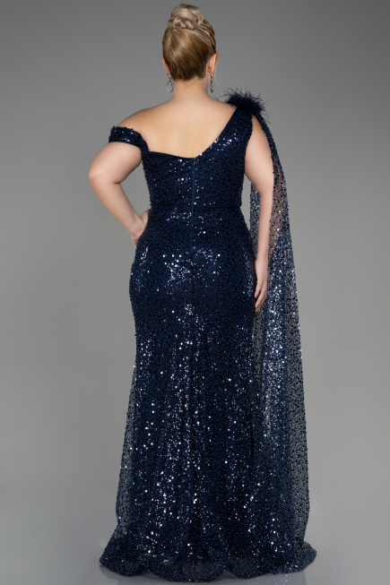 Lacivert Şallı Tek Omuz Yırtmaçlı Pullu Nişan Elbisesi ABU3857