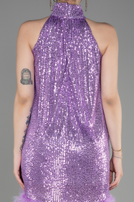 Lila Halter Yaka Otrişli Pul Payet Kısa Gece Elbisesi ABK2049