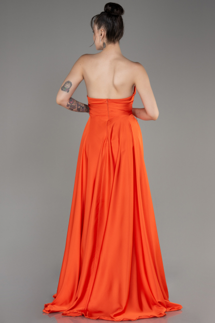 Orange Straplez Uzun Saten Abiye Elbise ABU3965
