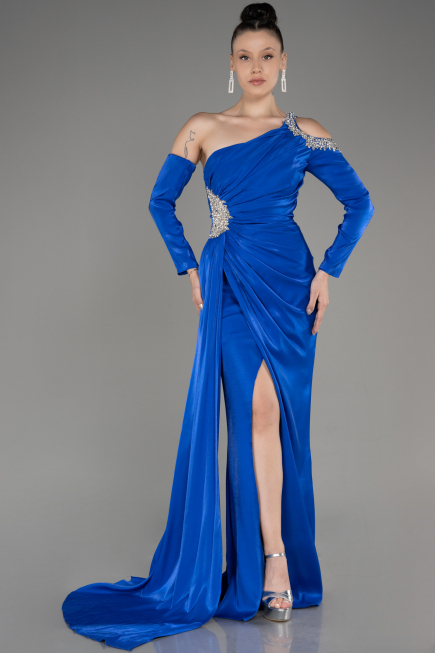 Saks Mavi Tek Kol Bacak Dekolteli Uzun Abiye Elbise ABU3976