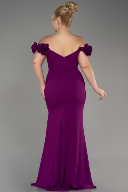 Violet Kayık Yaka Yırtmaçlı Uzun Büyük Beden Abiye ABU3946