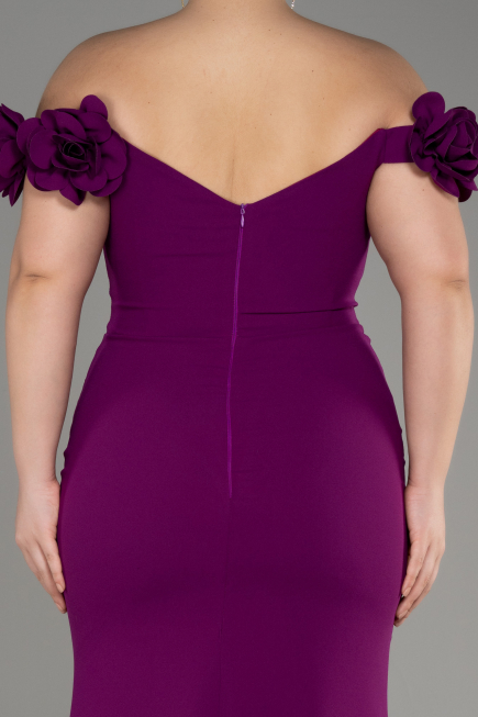 Violet Kayık Yaka Yırtmaçlı Uzun Büyük Beden Abiye ABU3946