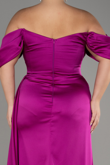 Violet Kayık Yaka Yırtmaçlı Uzun Saten Büyük Beden Abiye ABU3655