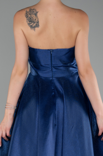 Lacivert Straplez Midi Tafta Abiye Elbise ABU4049