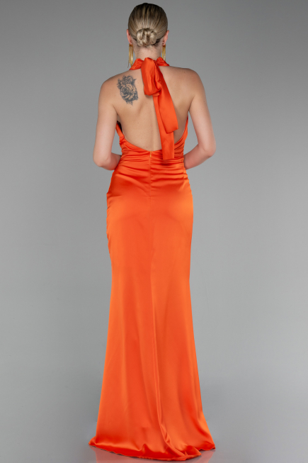 Orange Halter Yaka Uzun Saten Büyük Beden Abiye ABU4110