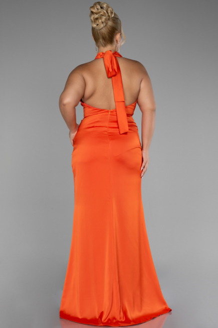 Orange Halter Yaka Uzun Saten Büyük Beden Abiye ABU4110