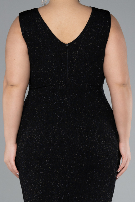 Siyah Kolsuz Simli Midi Büyük Beden Abiye ABK1492