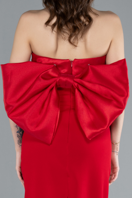 Kırmızı Straplez Fiyonk Detaylı Taş İşleme Uzun Abiye ABU4716