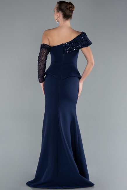 Lacivert Pullu Tek Omuz Kollu Peplum Detay Uzun Abiye ABU4730