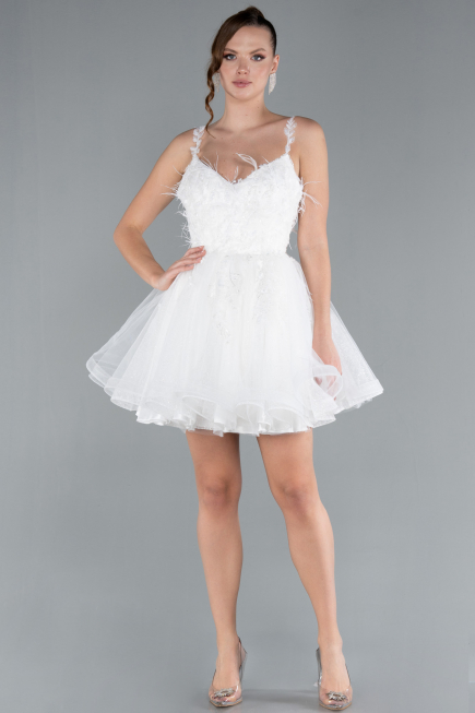 Ekru Askılı Üstü İşlemeli Mini Nikah Elbisesi ABK2214