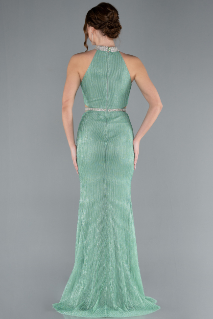 Mint Halter Yaka Yırtmaçlı Uzun Simli Balık Abiye Elbise ABU4766