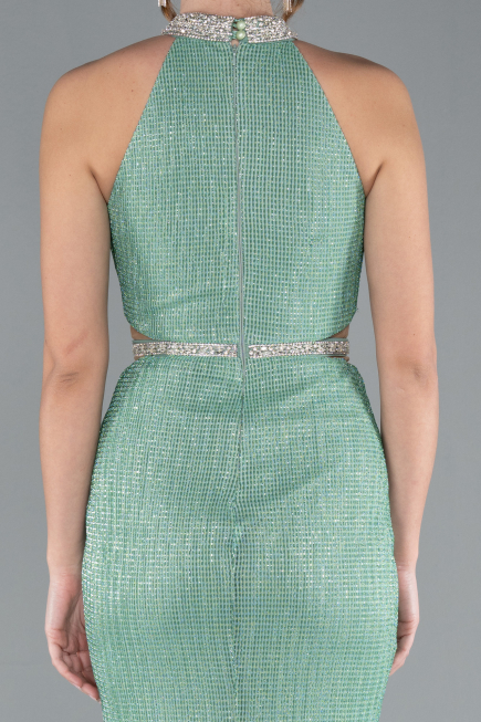 Mint Halter Yaka Yırtmaçlı Uzun Simli Balık Abiye Elbise ABU4766