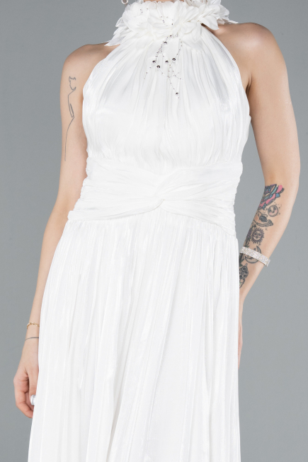 Ekru Halter Yaka Uzun Şifon Abiye Elbise ABU4811