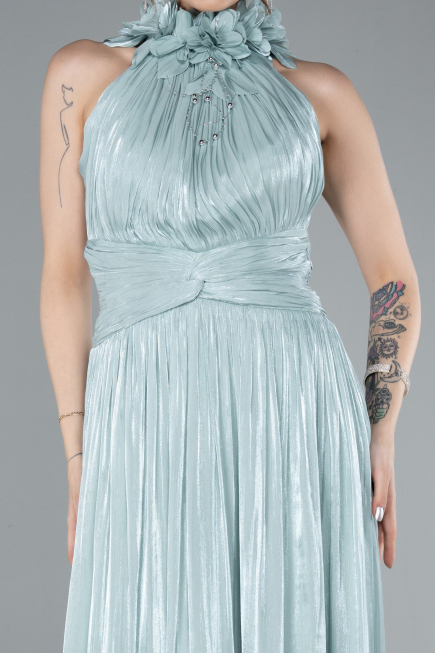 Mint Halter Yaka Uzun Şifon Abiye Elbise ABU4811