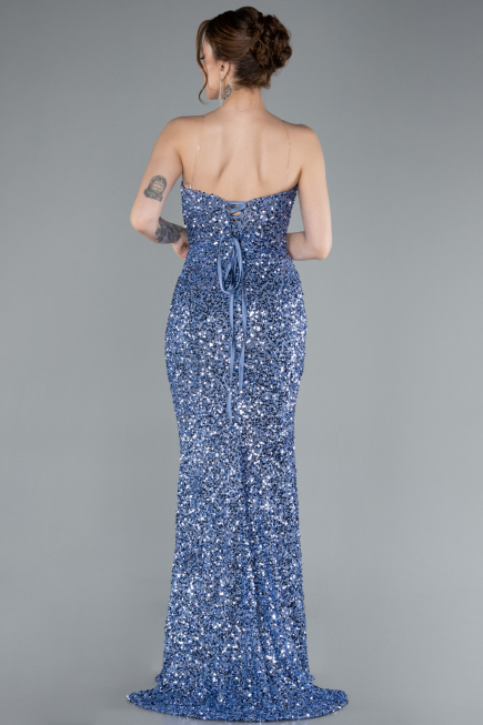 İndigo Straplez Uzun Pullu Balık Abiye ABU4816