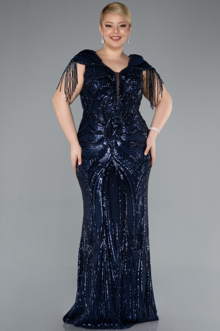 Lacivert Kısa Kol Uzun Pul Payet Büyük Beden Abiye ABU4821
