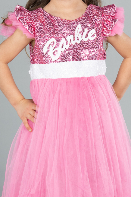 Pembe Tokalı Üstü Pullu Barbie Kız Çocuk Abiye ABU4033