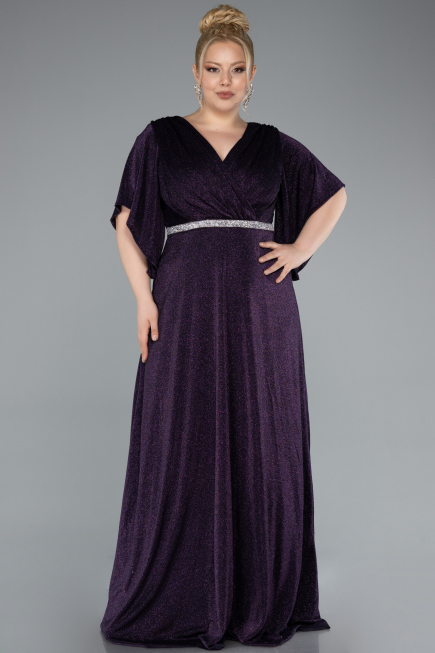 Koyu Mor Kısa Kol Beli Taşlı Uzun Simli Büyük Beden Abiye ABU4914
