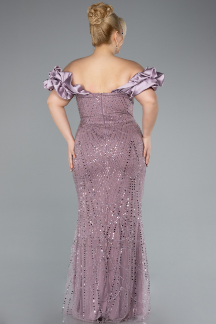 Lavanta Kısa Kol Boncuklu Uzun Büyük Beden Abiye ABU4788