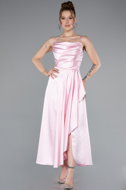 Pembe Göğüs Drapeli Midi Saten Abiye ABK1586